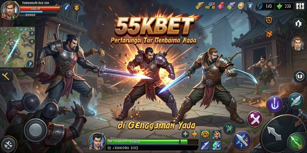 Screenshot gameplay 55KBET dengan karakter bertarung di arena.