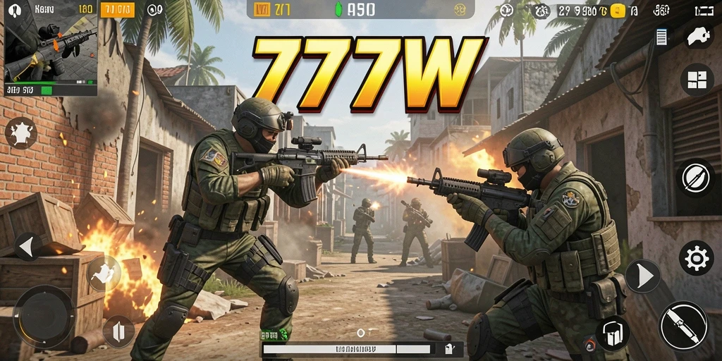 Tampilan gameplay mendebarkan dalam 7777W dengan aksi tembak-menembak intens.