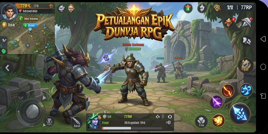 Screenshot utama 77RP menunjukkan aksi pertarungan yang intens di dunia RPG.