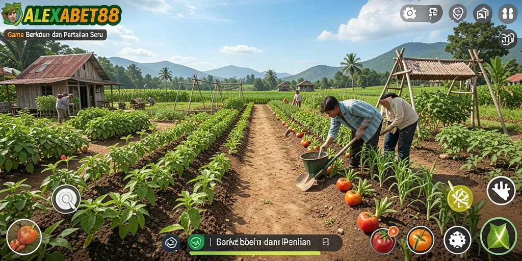 Tampilan gameplay ALEXABET88 dengan ladang yang subur dan tanaman beraneka ragam.