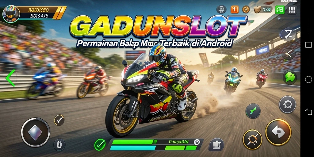 Screenshot gameplay GADUNSLOT menampilkan balapan motor yang mendebarkan.