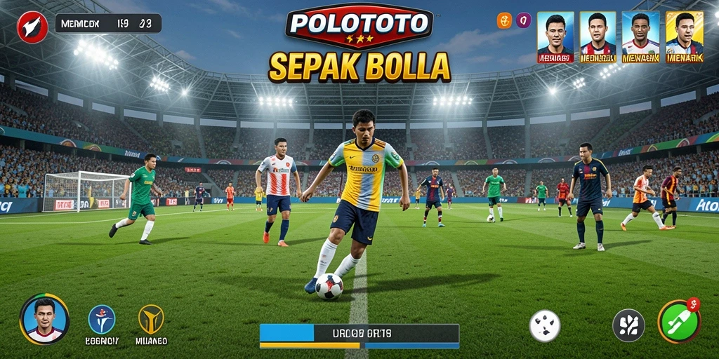 Tampilan gameplay seru dalam POLOTOTO dengan aksi sepak bola yang dinamis.