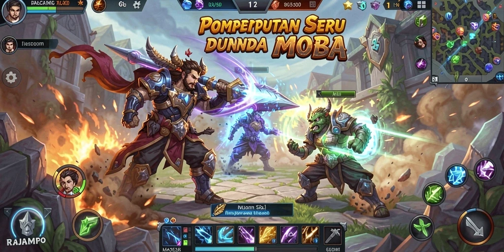 Tangkapan layar utama RAJAMPO menunjukkan aksi gameplay MOBA yang mendebarkan.