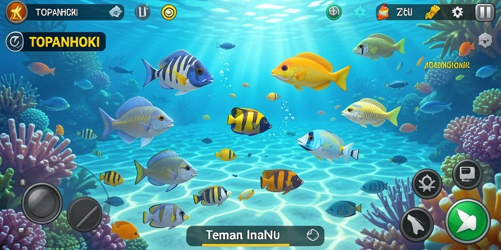 Gameplay seru dalam <strong>TOPANHOKI</strong> dengan ikan-ikan berwarna di laut yang indah.