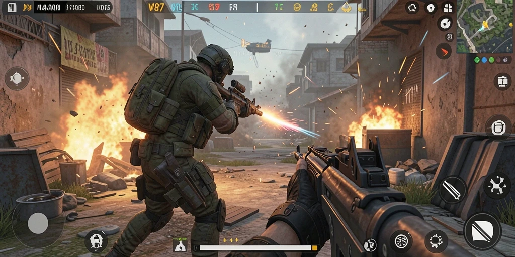 Screenshot gameplay V87 menampilkan aksi pertempuran seru dalam mode FPS.